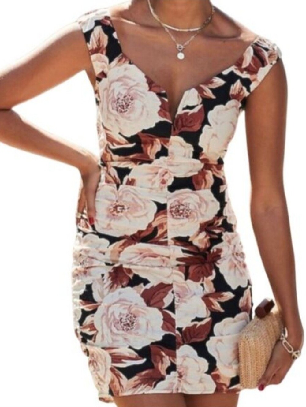 Express Black Floral Linen Blend Mini Dress V Neck Ruched Bodycon Size Medium M